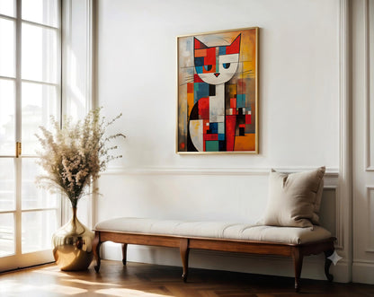 Modern interior with a wooden bench, decorative vase, and abstract cat painting.