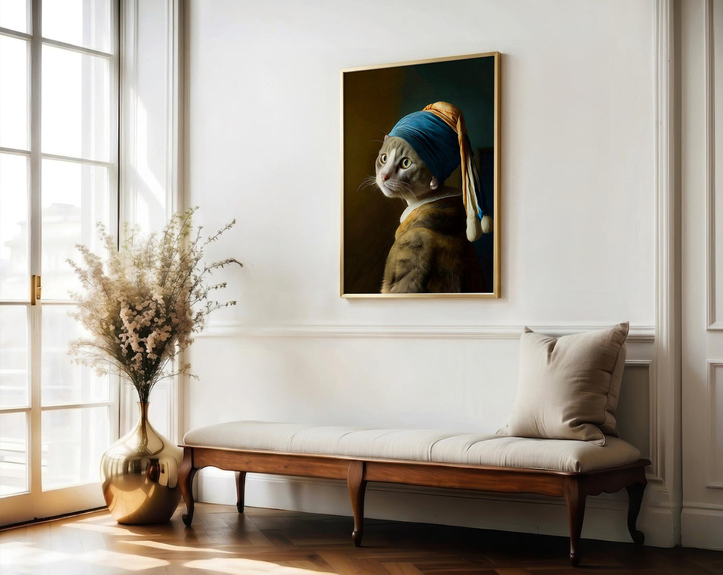 A framed art print of a cat styled like Vermeer's Girl with a Pearl Necklace hangs on a white wall above a wooden bench with a cushion in a bright, modern room.