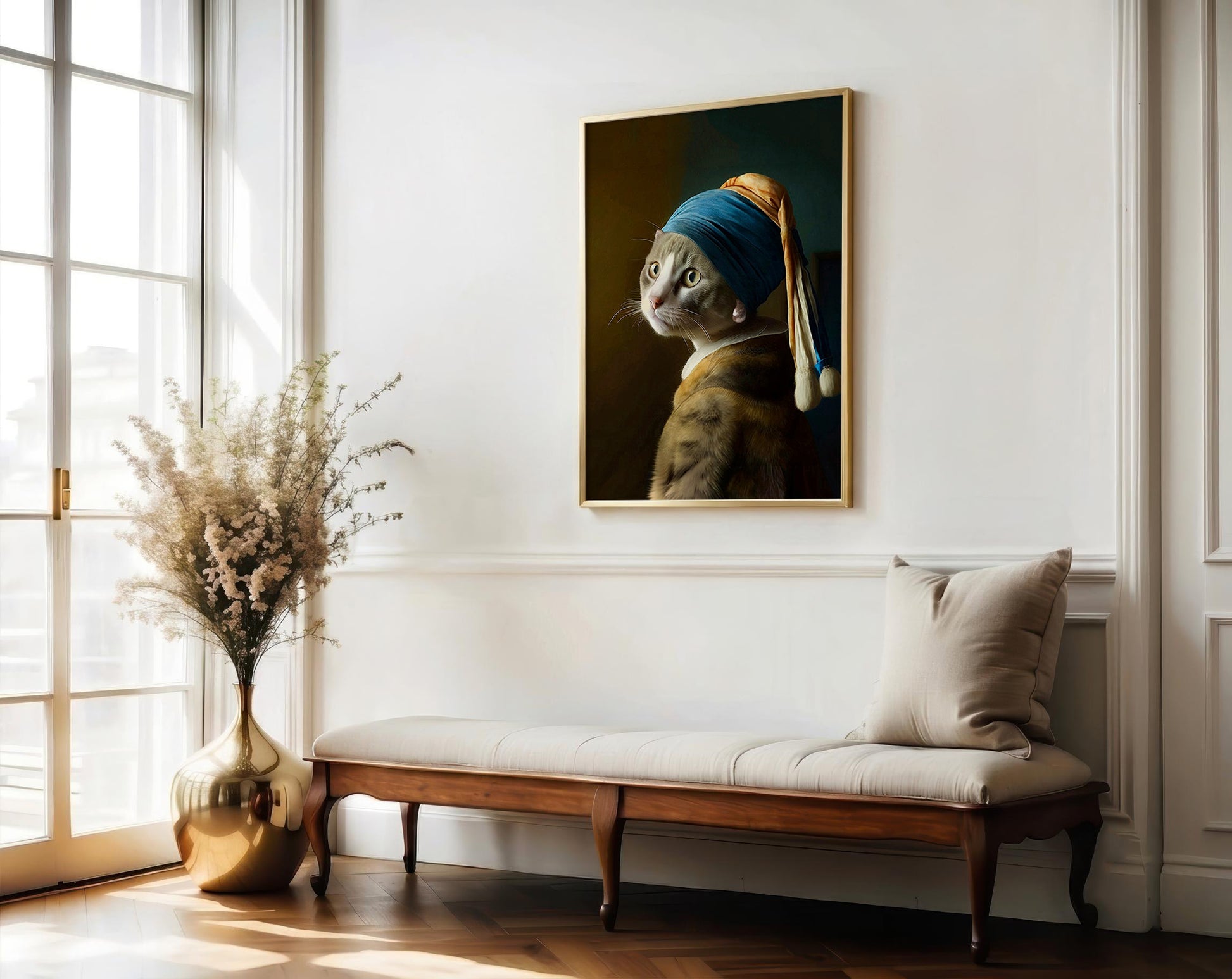 A framed art print of a cat styled like Vermeer's Girl with a Pearl Necklace hangs on a white wall above a wooden bench with a cushion in a bright, modern room.