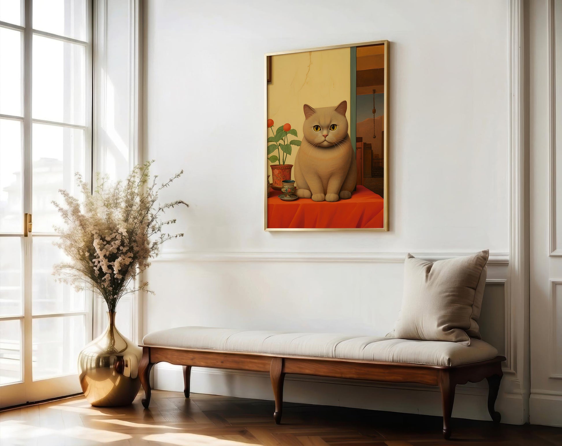 A framed art print of a cat sitting on a red table against a cream background, hanging on a white wall above a wooden bench with a cushion in a bright room.