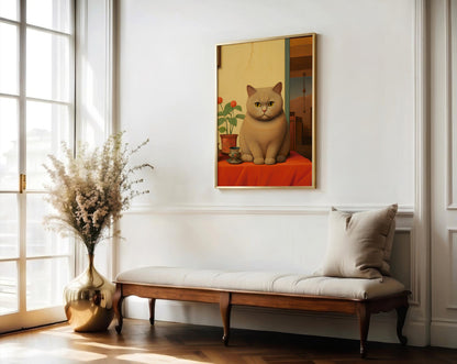 A framed art print of a cat sitting on a red table against a cream background, hanging on a white wall above a wooden bench with a cushion in a bright room.