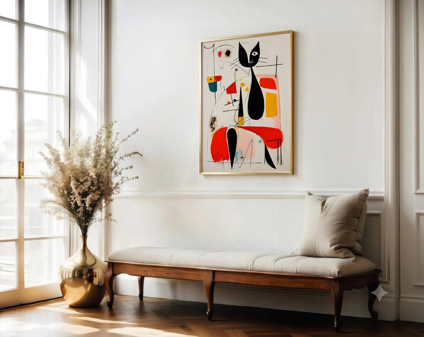 Modern interior with abstract art, bench, and decorative vase.