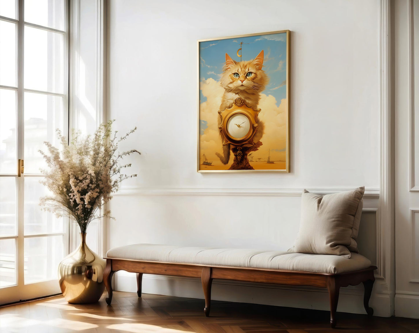 A framed art print featuring a golden cat with a clock face hanging from its neck, displayed on a white wall above a wooden bench in a bright, modern room.