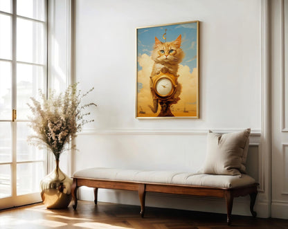 A framed art print featuring a golden cat with a clock face hanging from its neck, displayed on a white wall above a wooden bench in a bright, modern room.