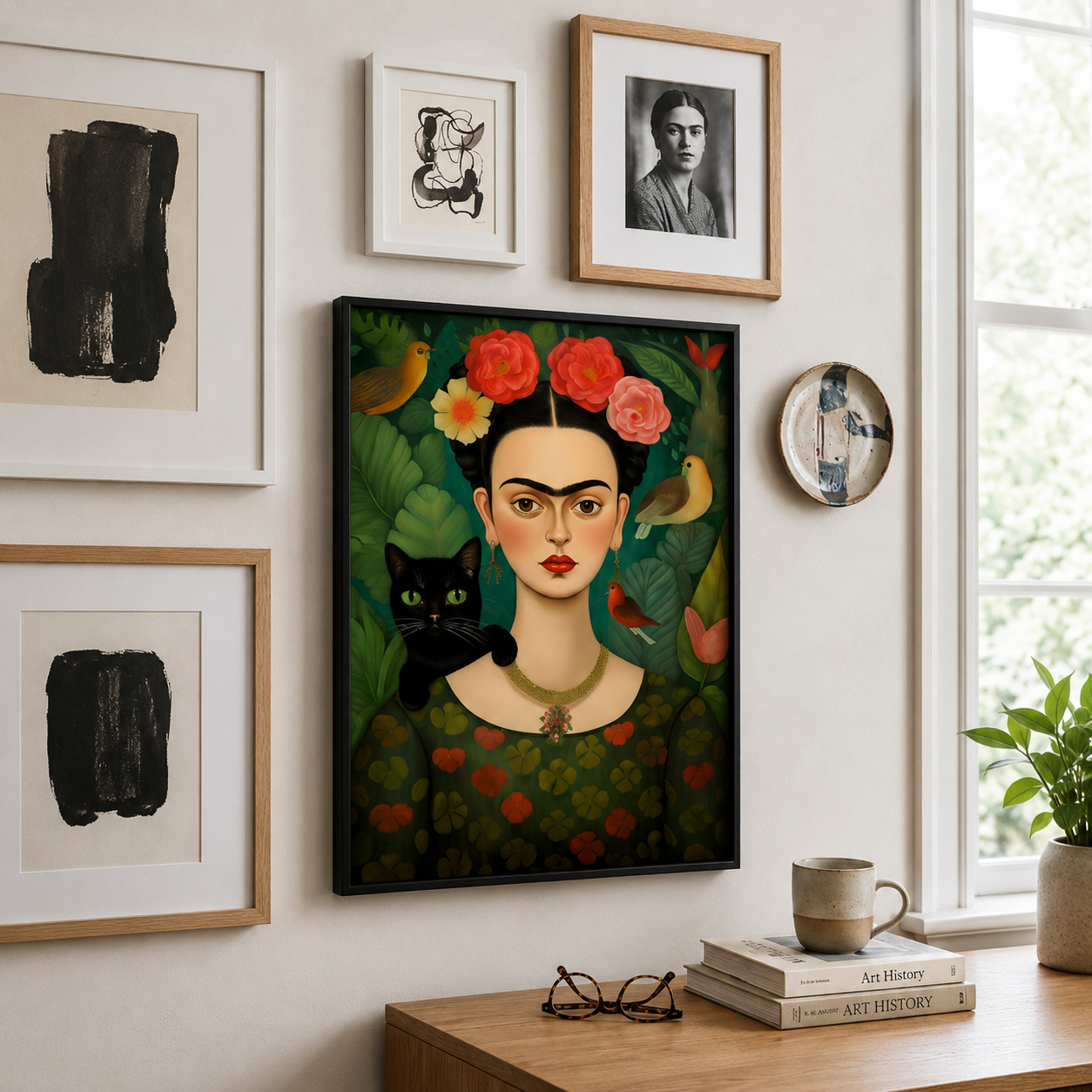 A framed art print featuring a stylized portrait of Frida Kahlo with roses, a black cat, and birds, displayed on a wall in a styled home office or gallery setting.