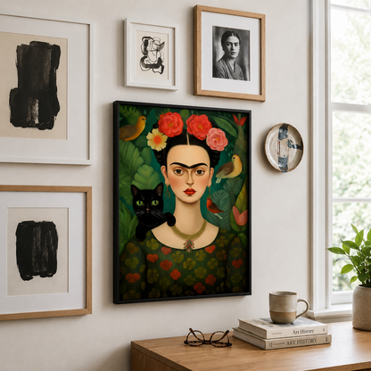 A framed art print featuring a stylized portrait of Frida Kahlo with roses, a black cat, and birds, displayed on a wall in a styled home office or gallery setting.