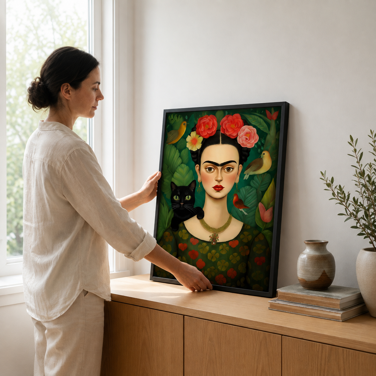 A woman in a white linen outfit leans against a window next to a wooden cabinet, holding a framed art print. The print features a stylized portrait of Frida Kahlo with red roses in her hair, a black cat, and green foliage, displayed in a bright, modern room with decorative vases.