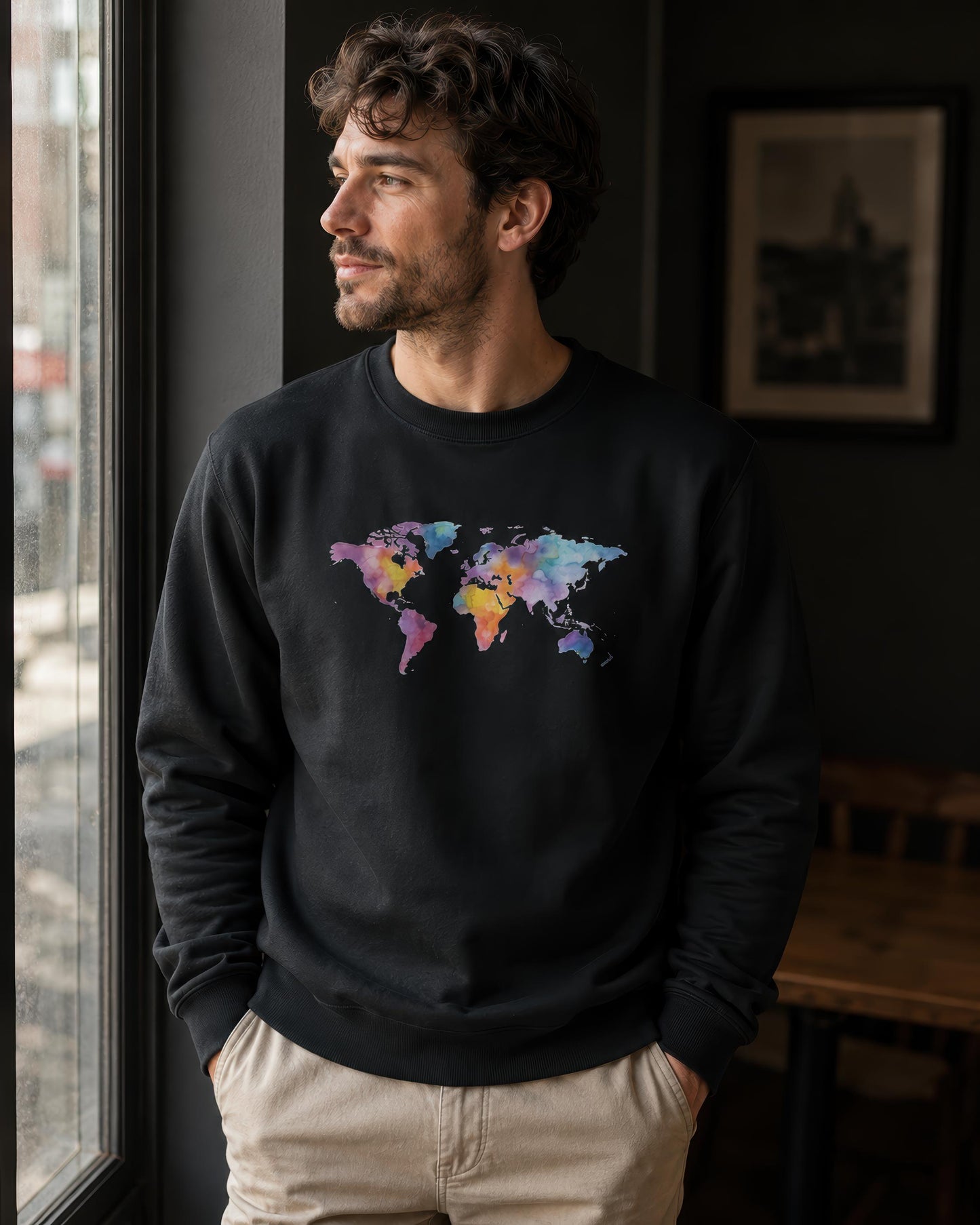A man wearing a black crewneck sweatshirt with a colorful watercolor world map graphic on the chest, paired with beige pants, standing in a dimly lit room by a window.