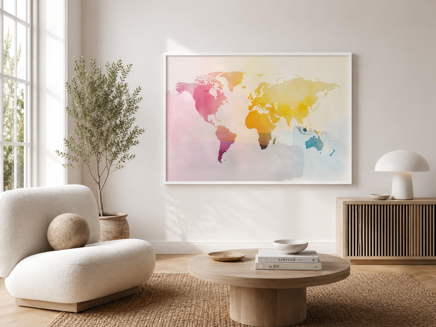 A framed watercolor world map art print hangs on a light beige wall in a modern, sunlit living room with a cream armchair, round coffee table, and a potted tree.