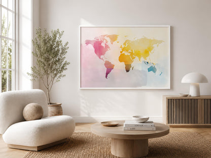 A framed watercolor world map art print hangs on a light beige wall in a modern, sunlit living room with a cream armchair, round coffee table, and a potted tree.