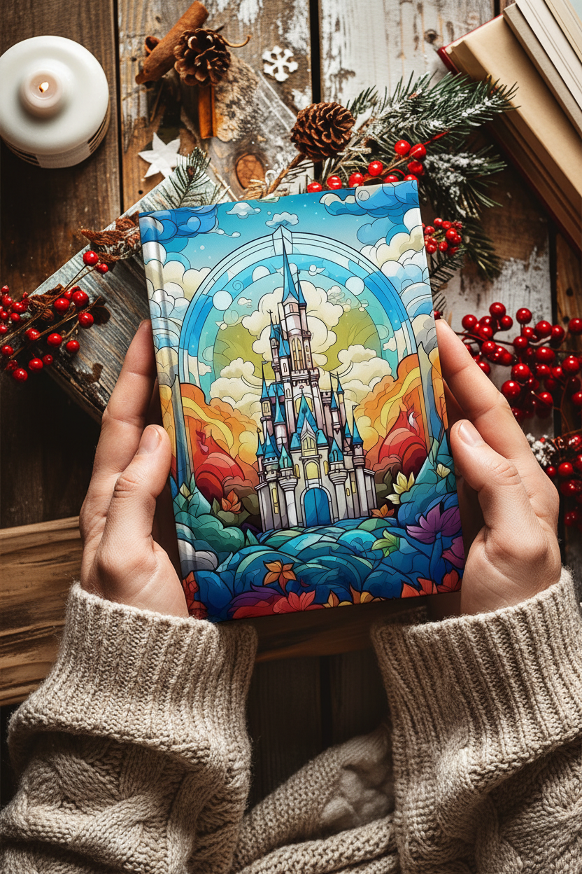 A person holds a colorful illustrated notebook featuring a fantasy castle under a rainbow arch. The scene is styled with hands, a beige cable-knit sweater, pine branches, red berries, books, cinnamon sticks, and a candle on a rustic wooden surface.