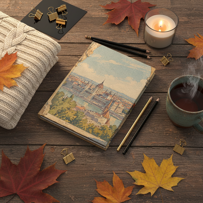 A flat-lay scene on a rustic wooden table featuring a hardcover notebook with a vintage-style cityscape illustration on the cover. The notebook is surrounded by autumn maple leaves, a knitted cream sweater, a lit candle, a mug of hot tea, pencils, clips, and a black card.
