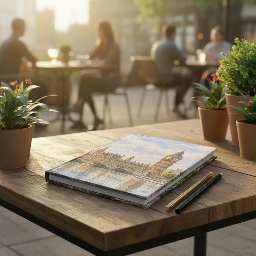 A hardcover notebook featuring a scenic London print of Big Ben and the Houses of Parliament, resting on a wooden table at an outdoor cafe with people blurred in the background.