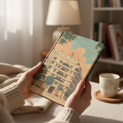 A person holds a hardcover book with a colorful vintage-style illustration of a building on the cover in a cozy, sunlit room. The scene includes a cream knit sweater, a lamp, a bookshelf, and a mug on a coaster.