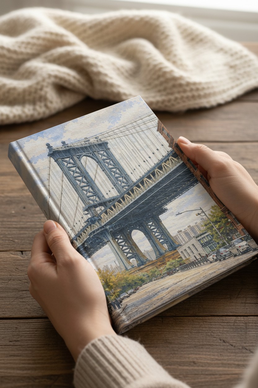 A person holds a hardcover book featuring a painted illustration of the Manhattan Bridge in New York City. The scene is set on a rustic wooden table with a cozy beige knit blanket in the background.