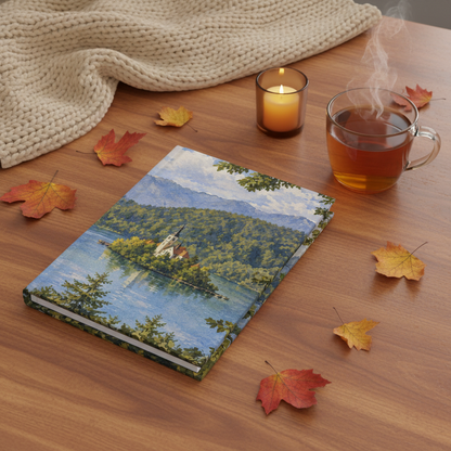 A hardcover notebook with a scenic landscape cover print of a lake, trees, and mountains, styled on a wooden table with autumn leaves, a knitted blanket, a lit candle, and a steaming cup of tea.