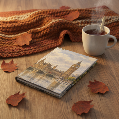 A hardcover notebook featuring a London Big Ben and Westminster Bridge illustration, styled on a wooden table with scattered autumn leaves, a cozy orange-brown knit blanket, and a white mug of tea.