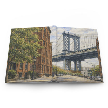 An open art print or book displaying a watercolor-style city scene with the Manhattan Bridge on the right and a brick building and tree on the left, photographed against a plain white background.