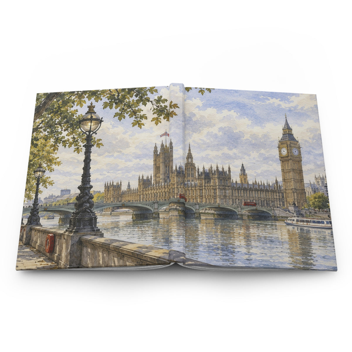 An open book or magazine spread showing a watercolor-style painting of London, with Big Ben, the Houses of Parliament, bridges over the river, and tree branches in the foreground, photographed against a light gray background.