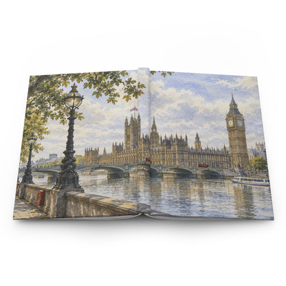 An open book or magazine spread showing a watercolor-style painting of London, with Big Ben, the Houses of Parliament, bridges over the river, and tree branches in the foreground, photographed against a light gray background.