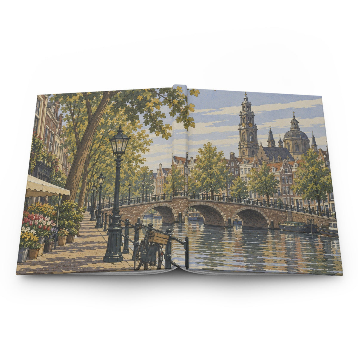 An open art print or book displaying a scenic painting of a Dutch canal with a stone bridge, trees, buildings, and a church tower, photographed against a plain white background.