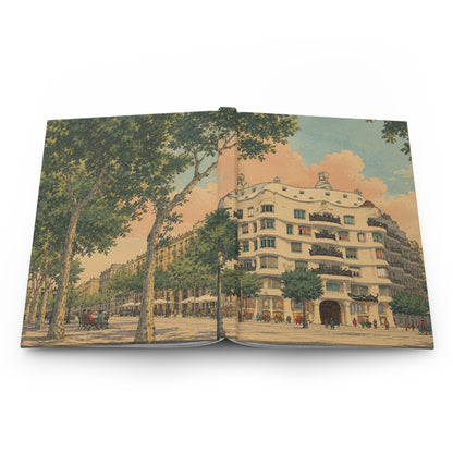 An open hardcover book displaying a vintage architectural illustration of a curved modernist building with trees and a street scene, set against a plain white background.