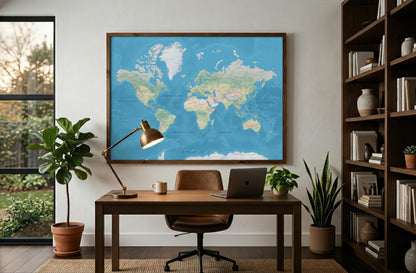 Home office with world map on the wall, desk, chair, and bookshelf.