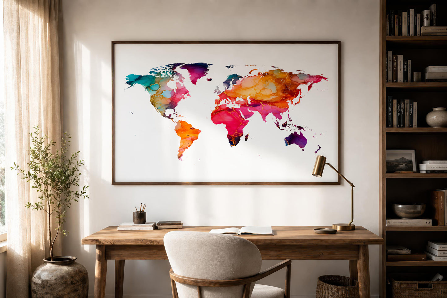 A framed world map watercolor print hangs on a beige wall above a wooden desk in a styled home office setting with a chair, lamp, and bookshelves.