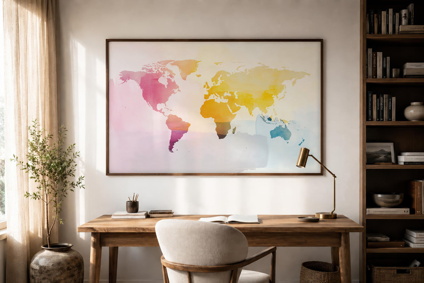 A framed world map poster with a colorful watercolor design hangs on a wall above a wooden desk in a styled home office setting.