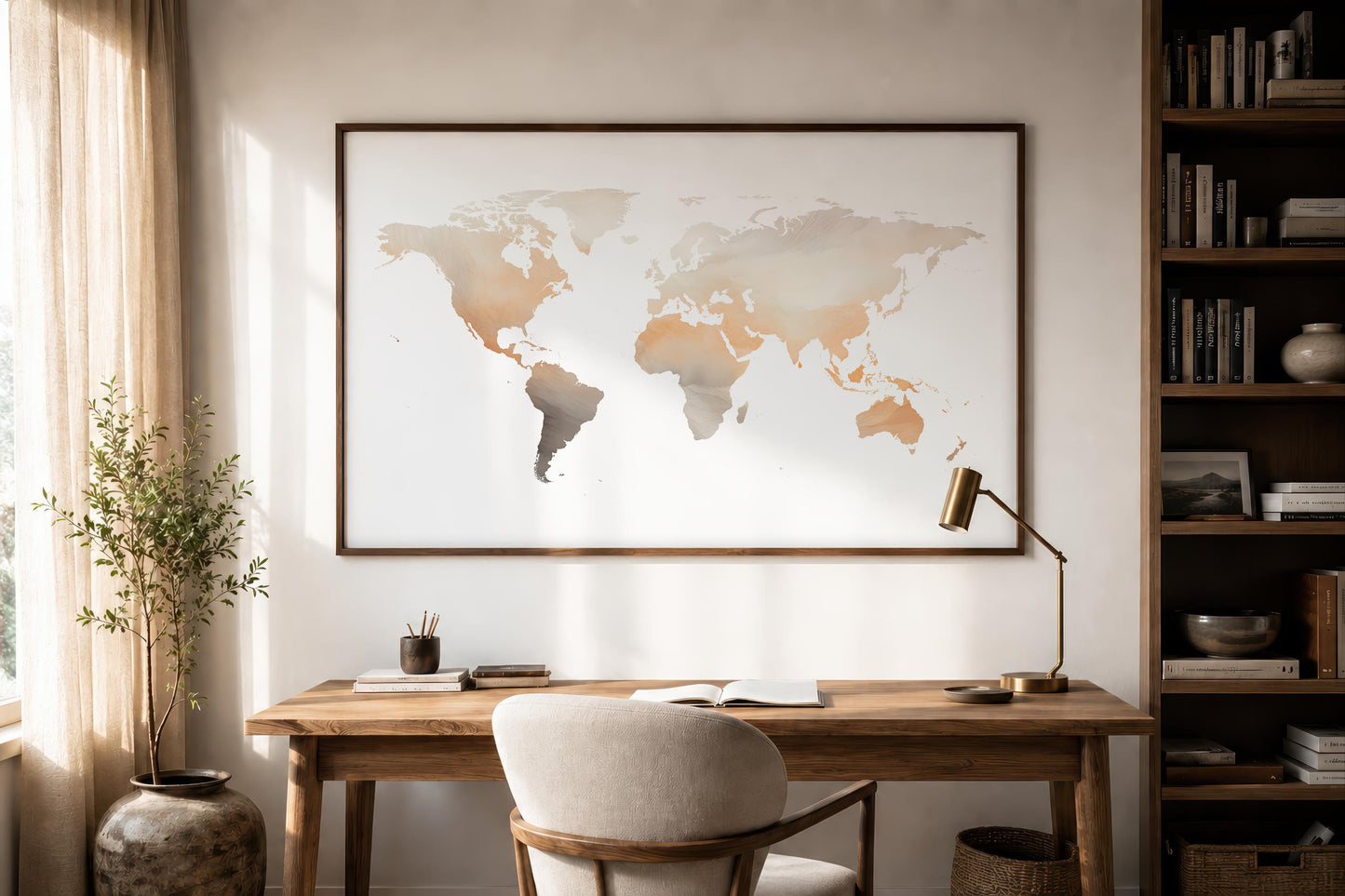 A large framed world map print hangs on a light beige wall above a wooden desk in a styled home office. The map features continents in soft warm beige, tan, and gray tones on a white background, enclosed in a thin dark frame.