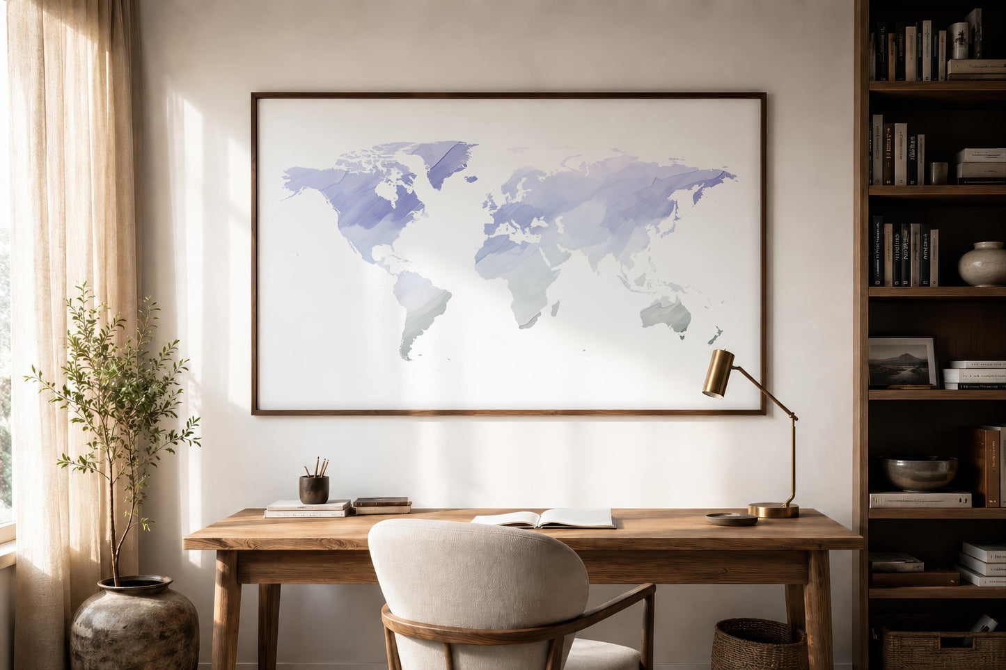 A framed world map print with watercolor-style blue and purple continents hangs on a beige wall above a wooden desk in a styled home office setting with a chair, lamp, and bookshelf.