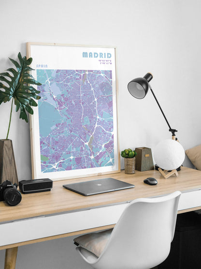 Madrid travel map print in a natural wood frame.