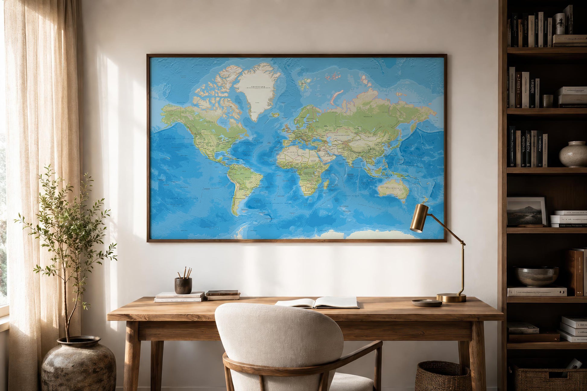 World map on a wall above a wooden desk in a home office setting.