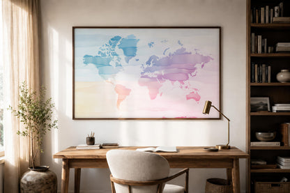 A framed world map watercolor print in pastel blue, pink, and purple tones hangs on a beige wall above a wooden desk in a styled home office setting.