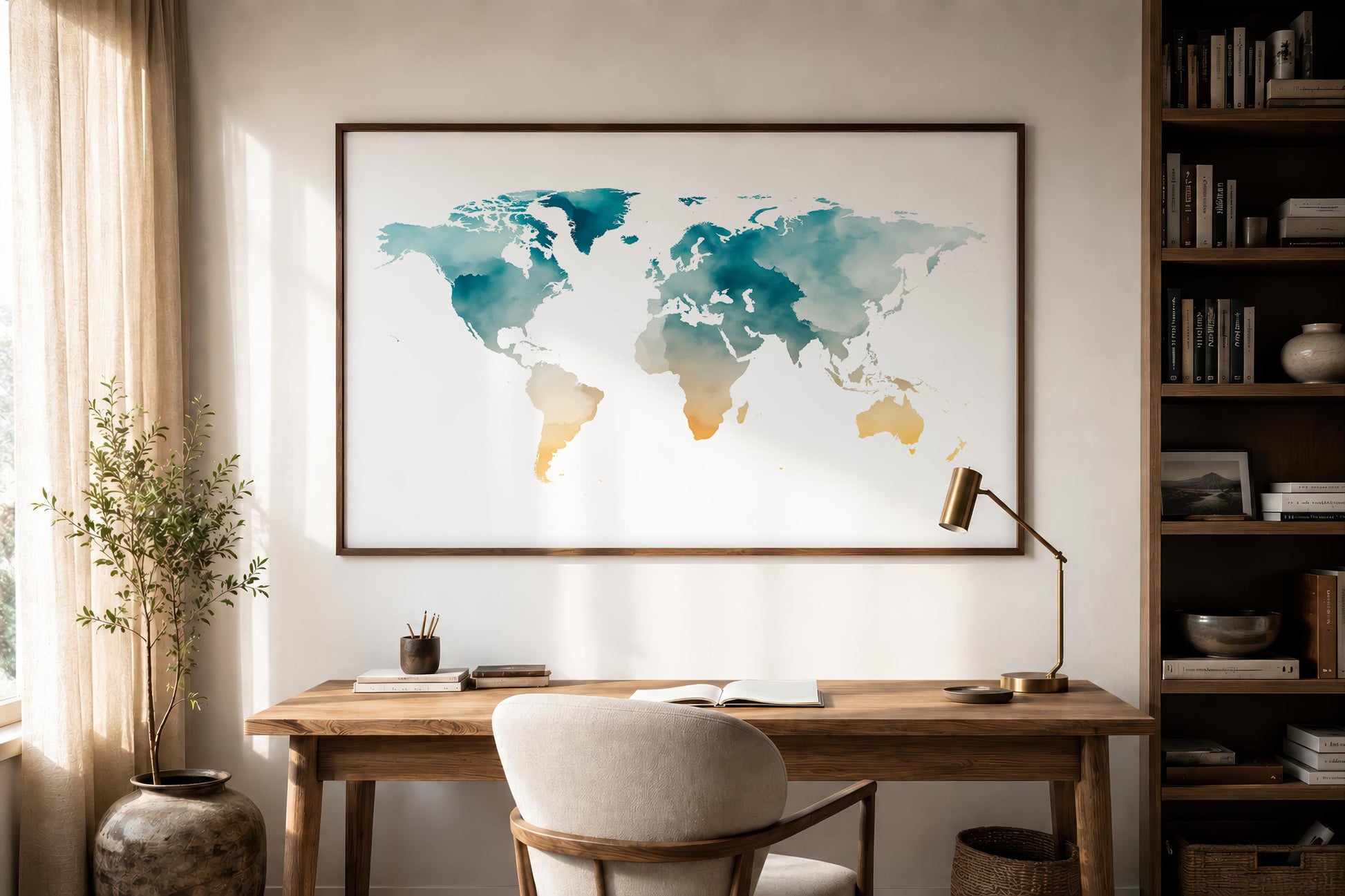 A framed world map watercolor print hangs on a beige wall above a wooden desk in a styled home office setting with a chair, lamp, and bookshelves.