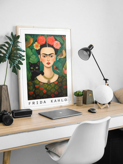 Frida Kahlo with black cat print | Different sizes and canvas - The Hue Map