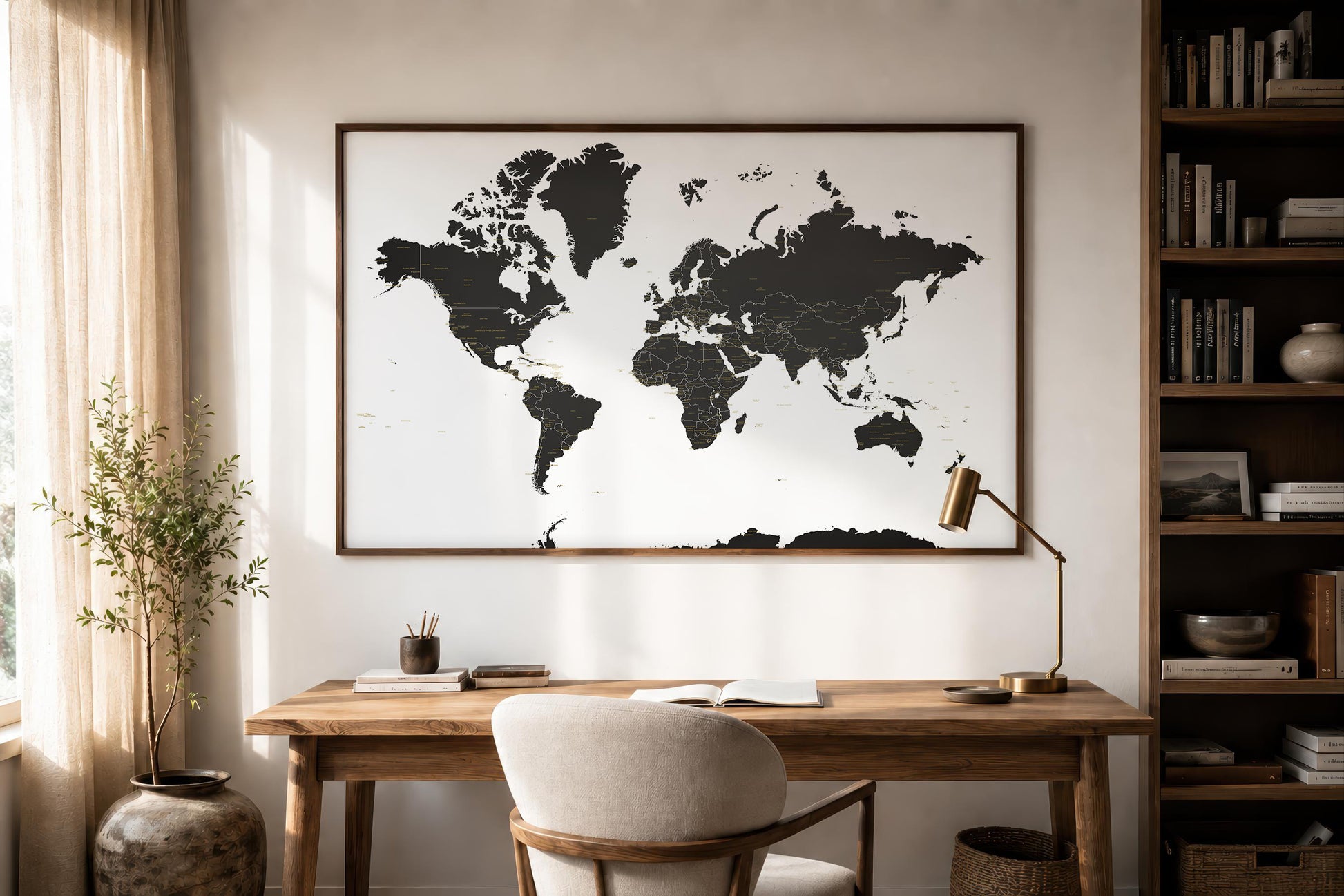A large framed world map wall art print hangs above a wooden desk in a styled home office setting with a chair, lamp, bookshelf, and plant.