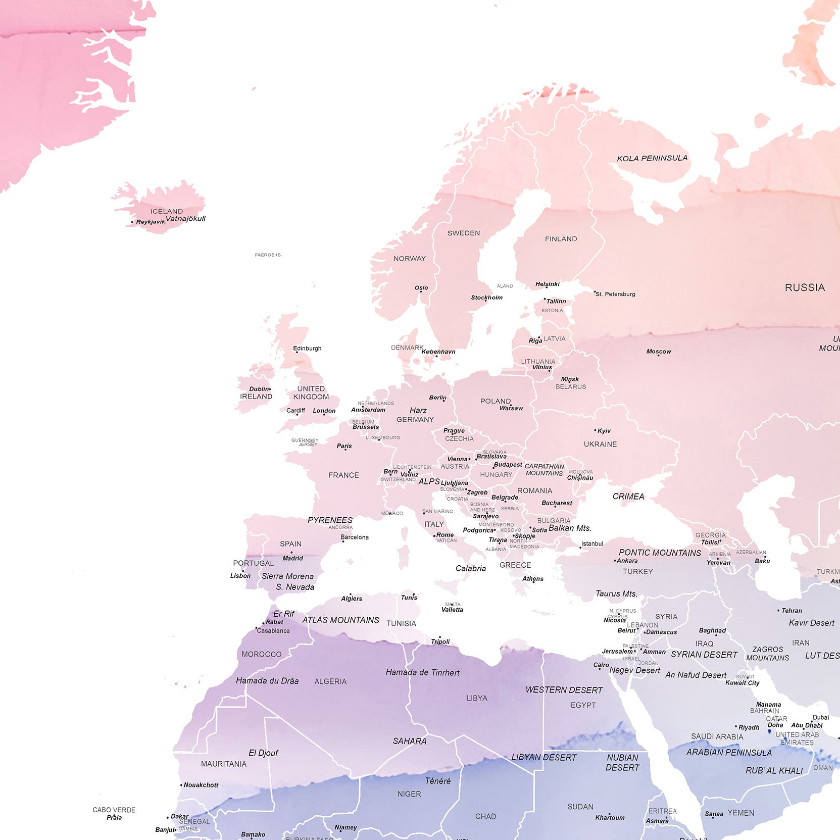 A stylized map of Europe and parts of Africa and Asia, with countries and regions filled in soft pastel shades of pink, lavender, and blue on a white background.
