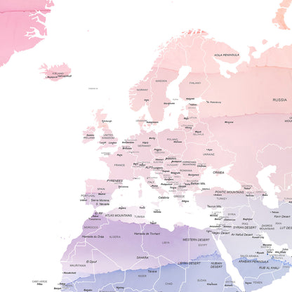 A stylized map of Europe and parts of Africa and Asia, with countries and regions filled in soft pastel shades of pink, lavender, and blue on a white background.
