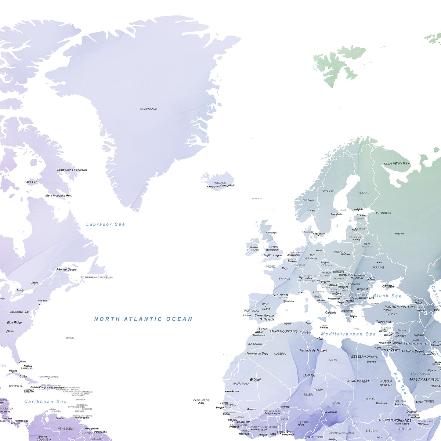 Detail of a stylized world map poster showing continents in soft pastel shades of lavender, blue, green, and purple on a white background, with country outlines and labels.