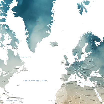 A stylized world map poster featuring continents in soft watercolor shades of teal, blue, beige, and gray on a white background, with labeled oceans and country outlines.