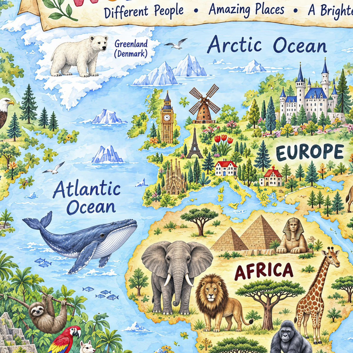 A colorful educational map poster of the world, focusing on Europe and Africa, with labeled oceans and continents. The map is decorated with illustrations of landmarks, animals, and natural features, including a polar bear in Greenland, a blue whale in the Atlantic, an elephant and lion in Africa, and a windmill and castle in Europe.