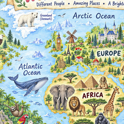 A colorful educational map poster of the world, focusing on Europe and Africa, with labeled oceans and continents. The map is decorated with illustrations of landmarks, animals, and natural features, including a polar bear in Greenland, a blue whale in the Atlantic, an elephant and lion in Africa, and a windmill and castle in Europe.