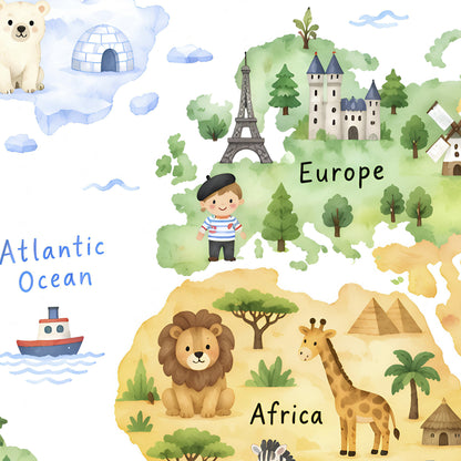Watercolor-style children's world map illustration showing Europe with the Eiffel Tower, castle, trees, and a child figure, plus Africa with lion, giraffe, pyramids, and palm tree. The map also includes the Atlantic Ocean, polar bear, igloo, boat, and clouds on a white background.