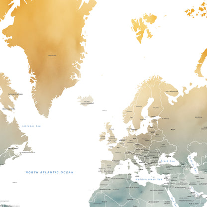A stylized world map poster featuring North America in warm gold and beige watercolor tones, Europe in muted beige and gray, and oceans in pale blue and gray.