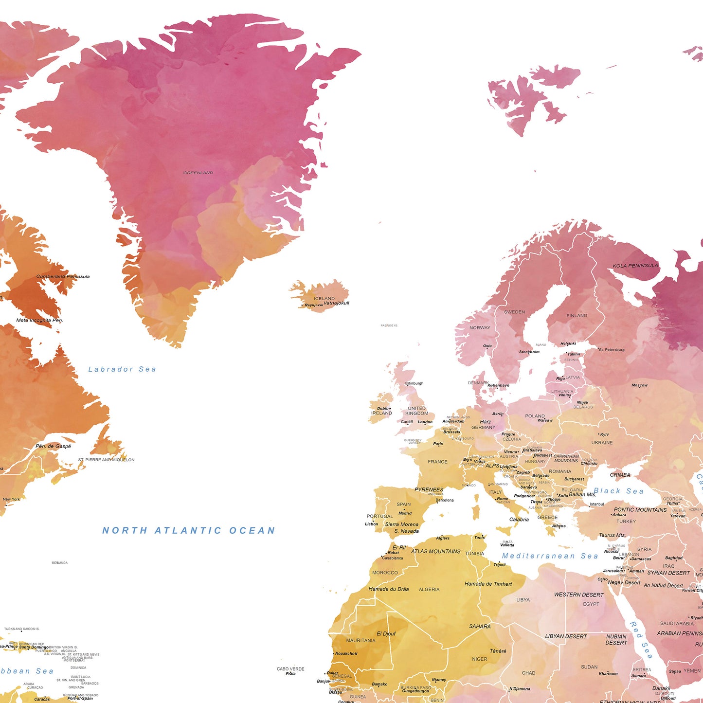 Map of Europe with a watercolor gradient in pink, orange, and yellow.