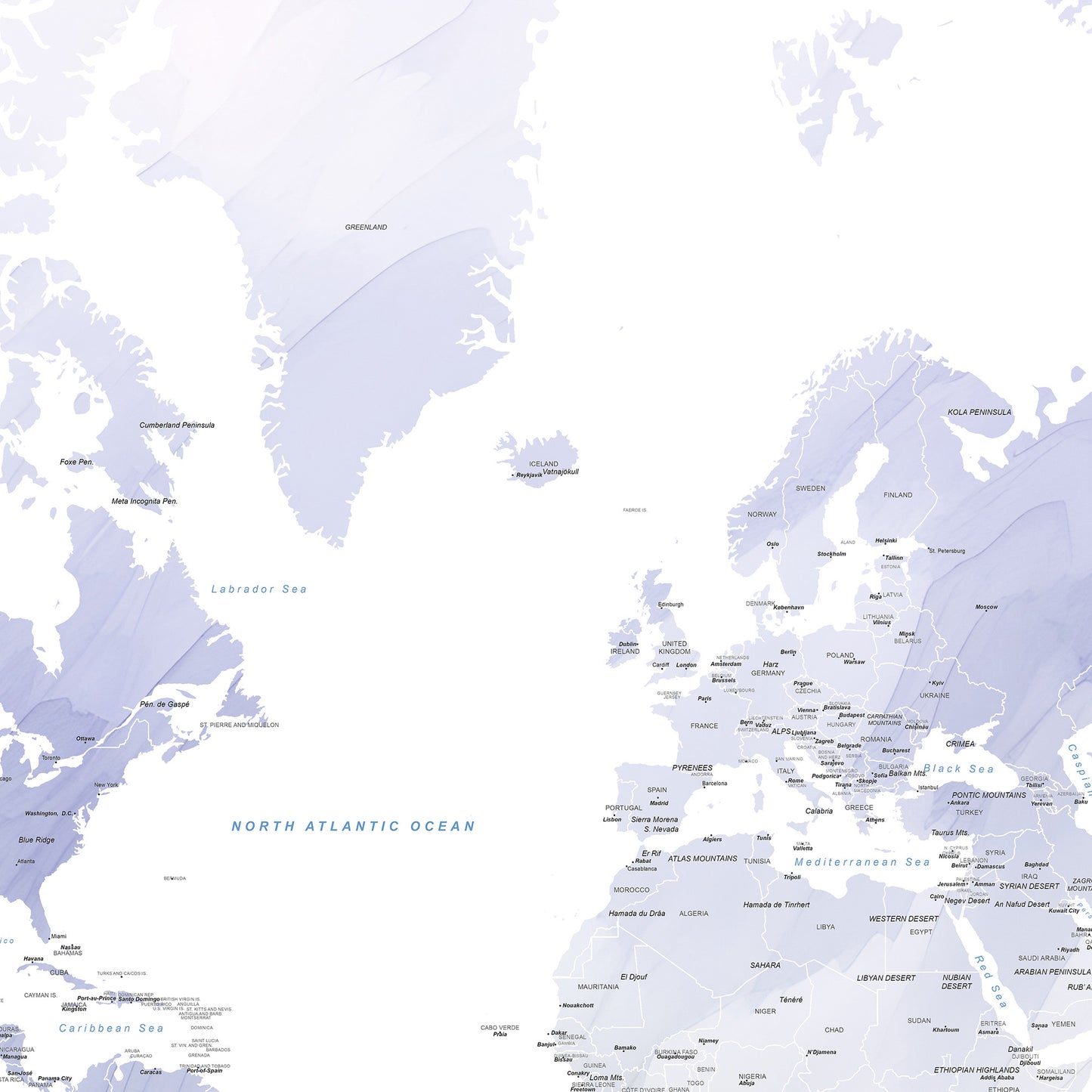  Detail of a minimalist world map poster in shades of light lavender, purple, and white, featuring labeled continents and oceans.