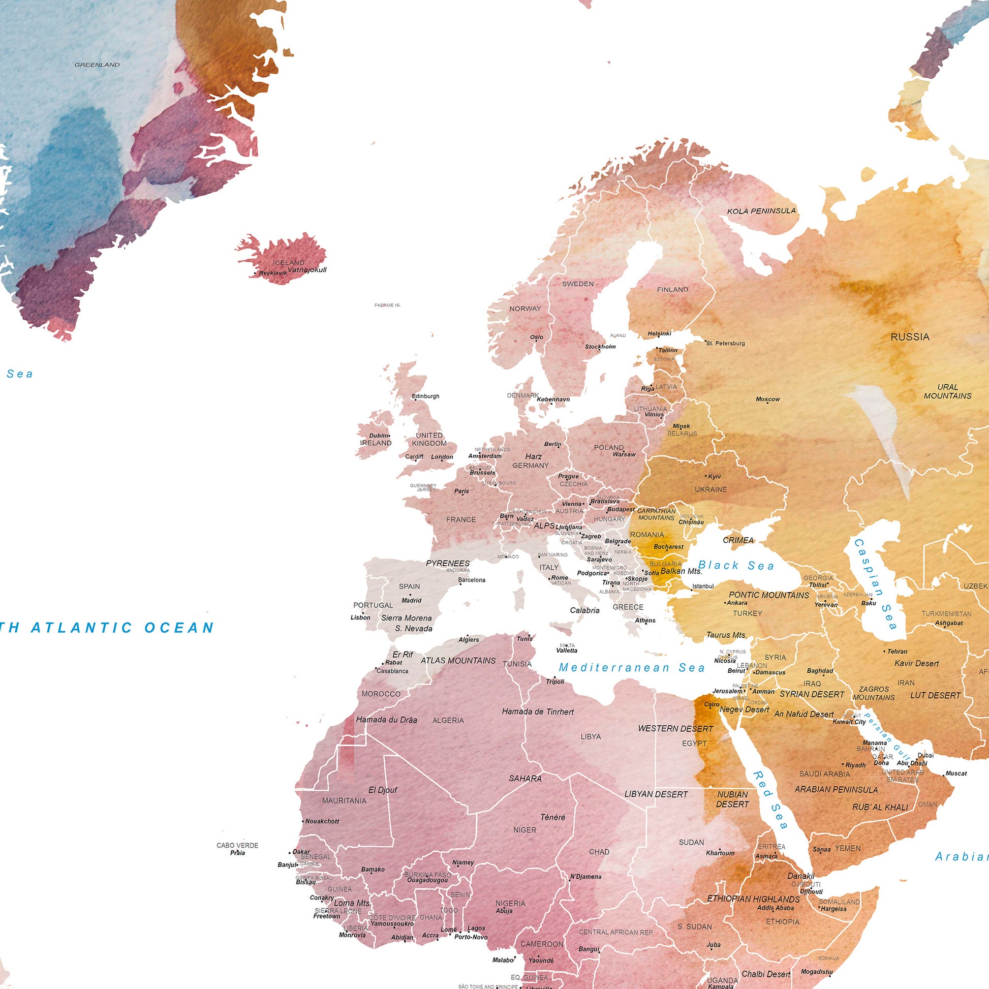 Detail of the minimalist world map wall art in beautiful watercolors.