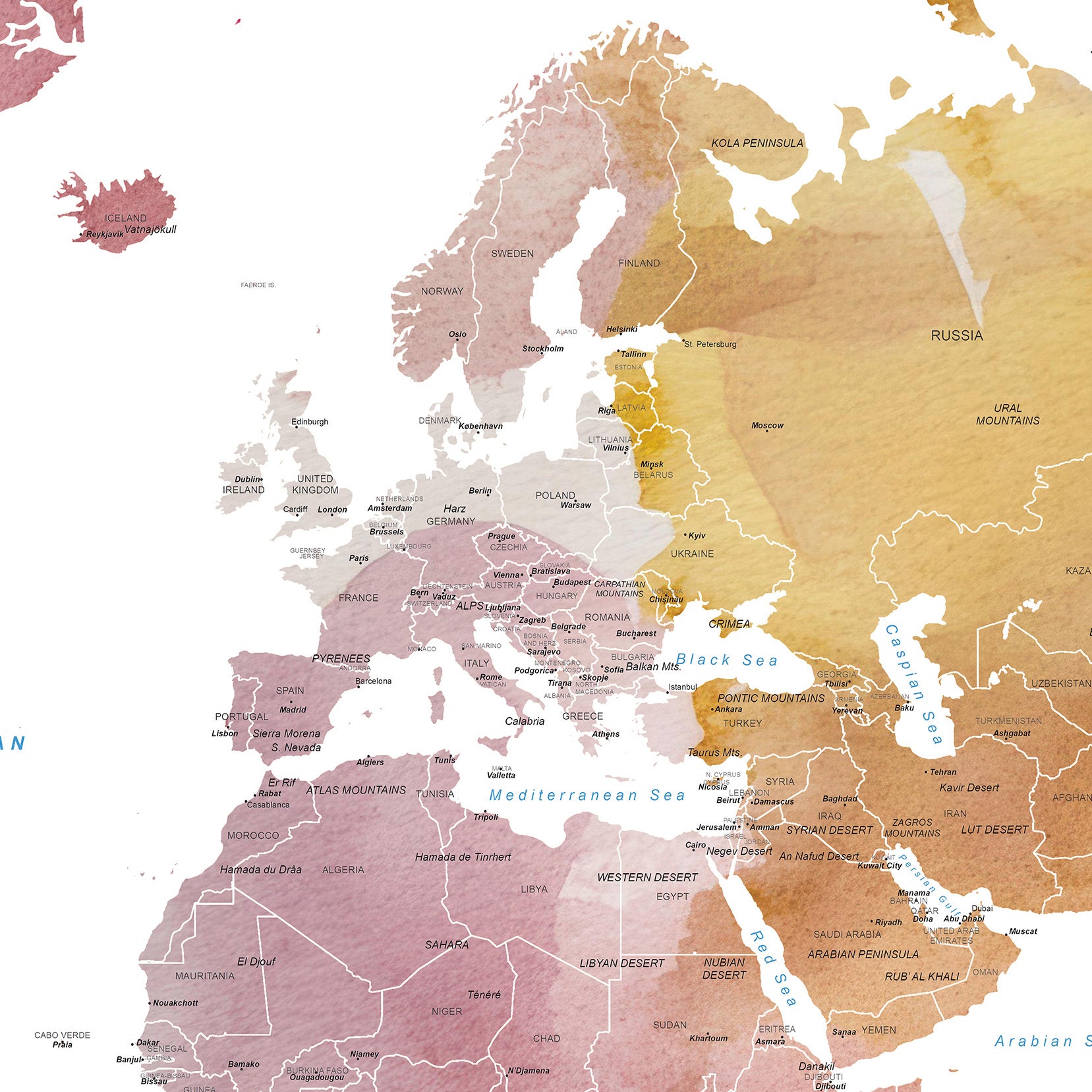 A stylized world map print showing Europe, Africa, and parts of Asia with country names and continents shaded in muted pink, beige, and golden brown tones on a white background.