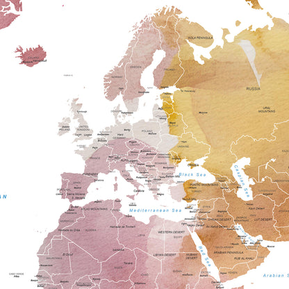 A stylized world map print showing Europe, Africa, and parts of Asia with country names and continents shaded in muted pink, beige, and golden brown tones on a white background.